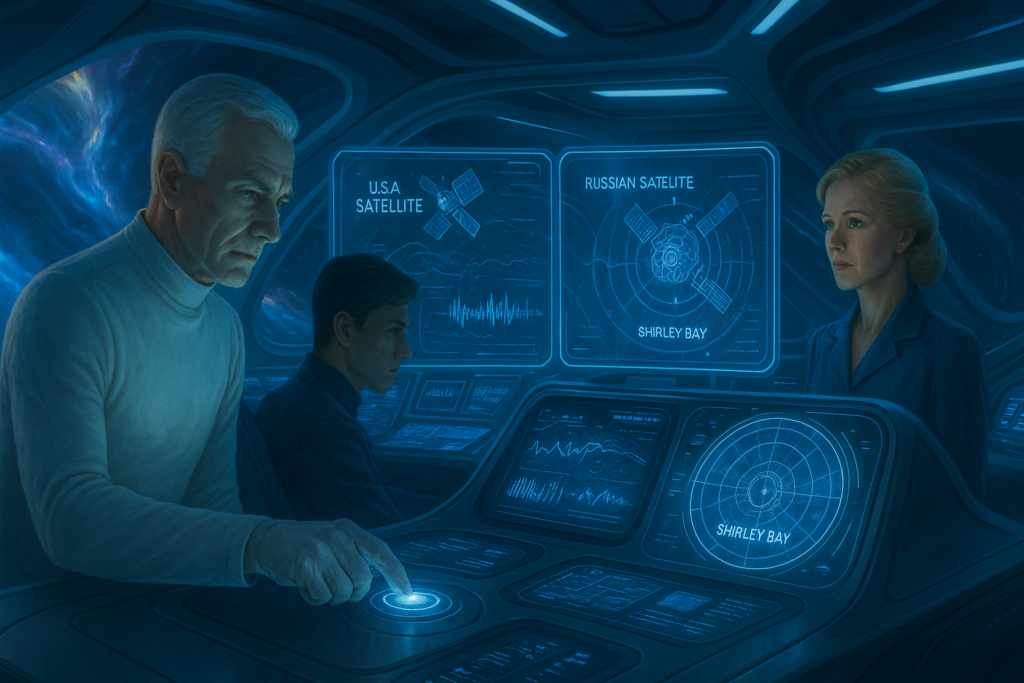 Image illustrative générée par IA représentant Elizabeth, Akon et Sharon dans le vaisseau de Méton, ils observent que des militaires les traquent avec des sondes et satellites pour essayer de les capturer.