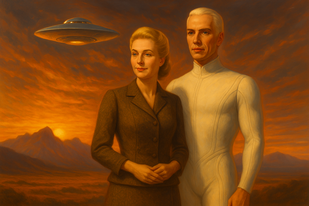 Image illustrative générée par IA représentant Elizabeth Klarer et Akon avec un vaisseau de Méton à côté.