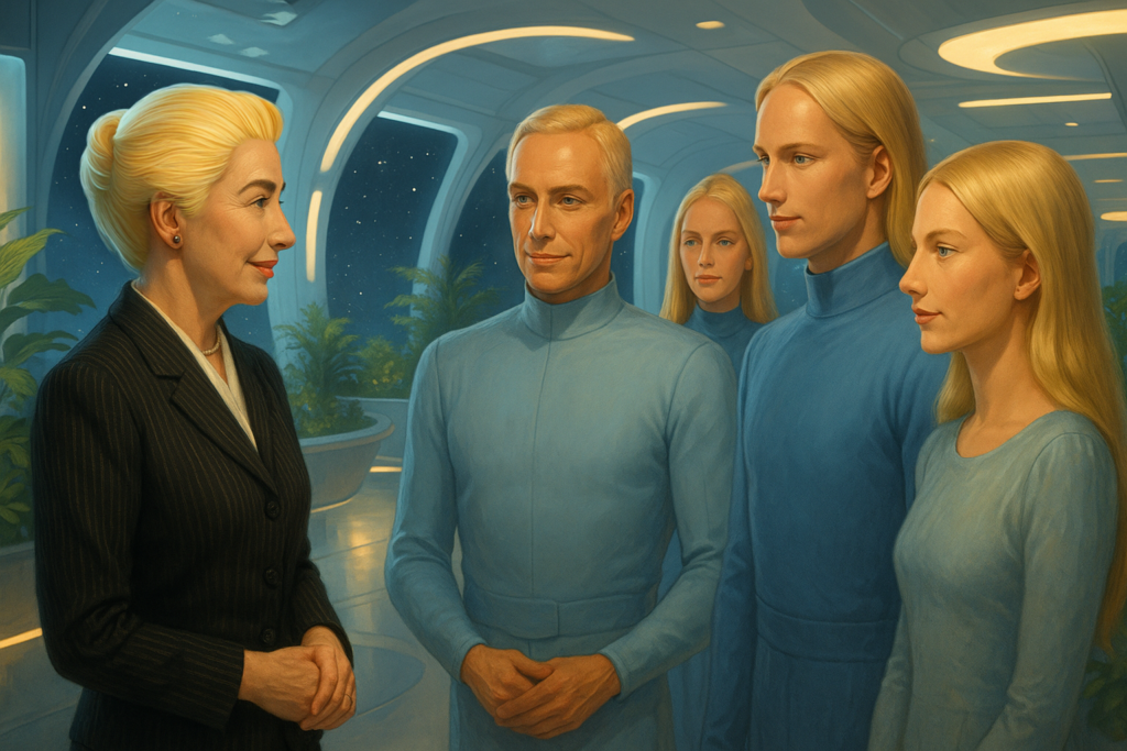 Image illustrative générée par IA représentant Elizabeth, Akon et d’autres personnes qui lui sont présentées dans le vaisseau mère de Méton (Vénusien).