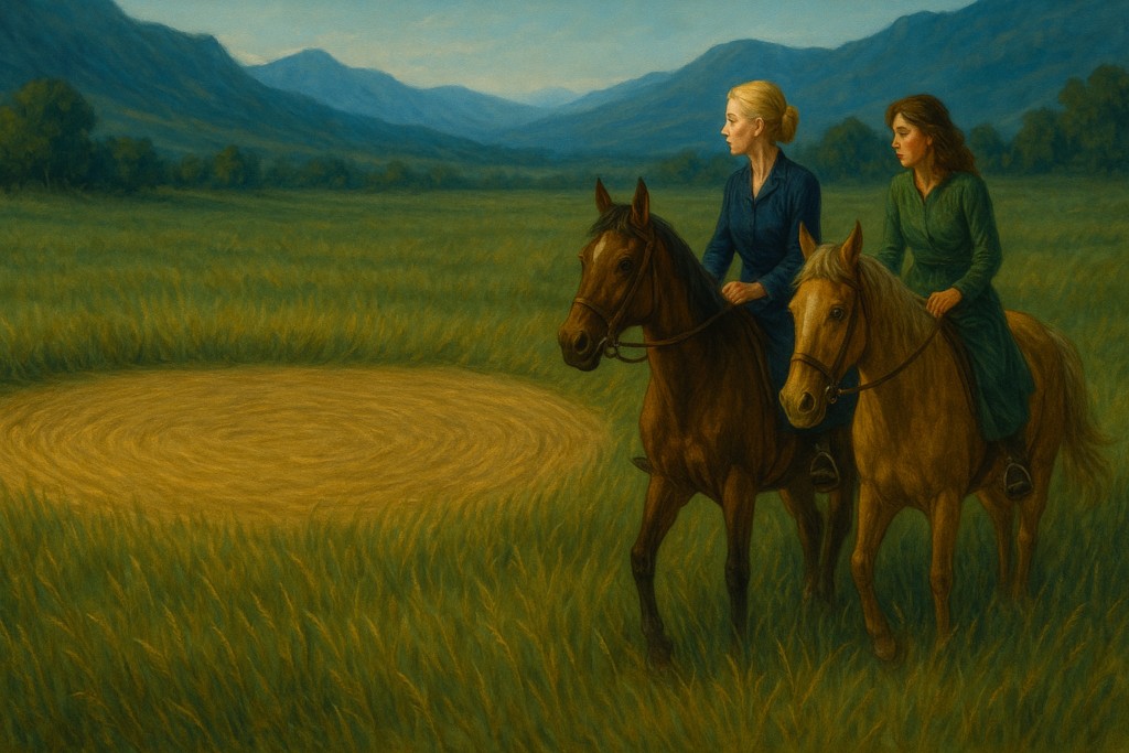 Image illustrative générée par IA représentant Elizabeth et sa sœur sur leurs chevaux, regardant les traces d’atterrissage du vaisseau de Méton au sol.