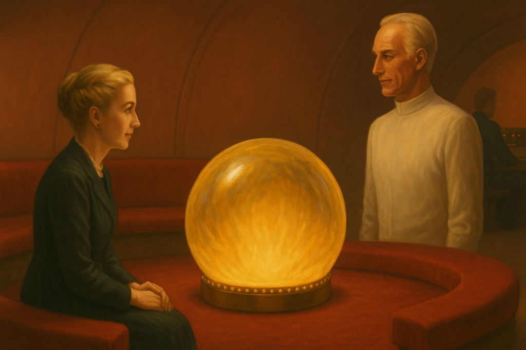 Image illustrative générée par IA représentant Elizabeth et Akon dans le vaisseau, autour de la lentille d'observation au centre.