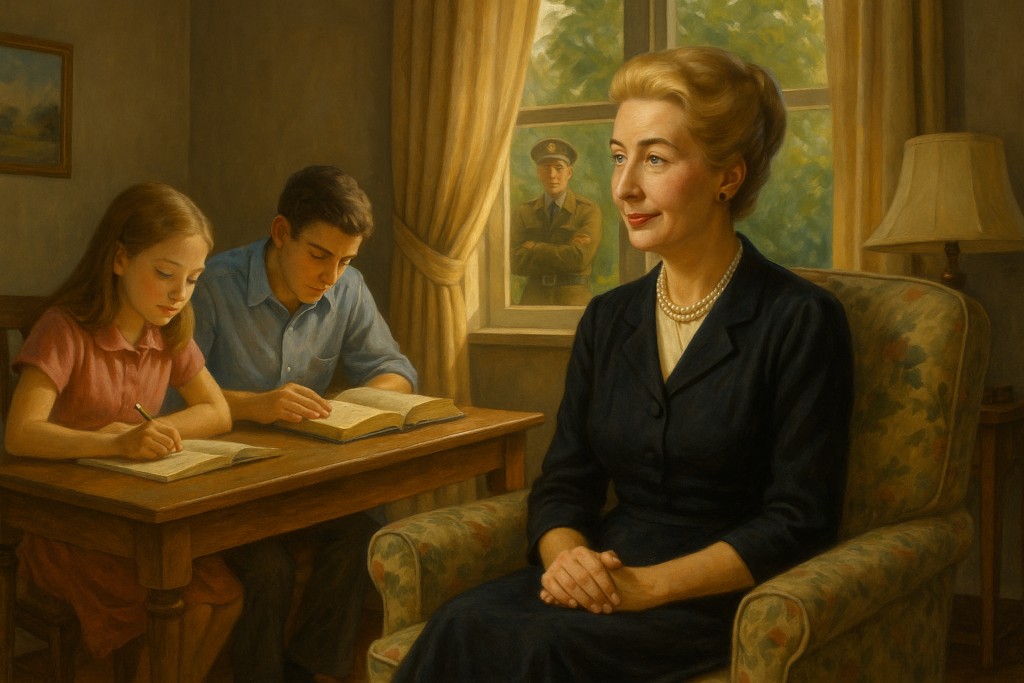 Image illustrative générée par IA représentant Elizabeth et ses deux enfants, sous protection.