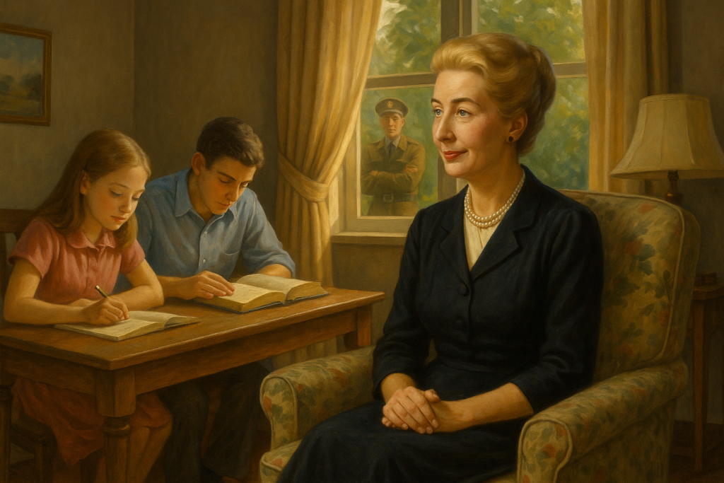 Image illustrative générée par IA représentant Elizabeth et ses deux enfants, sous protection.