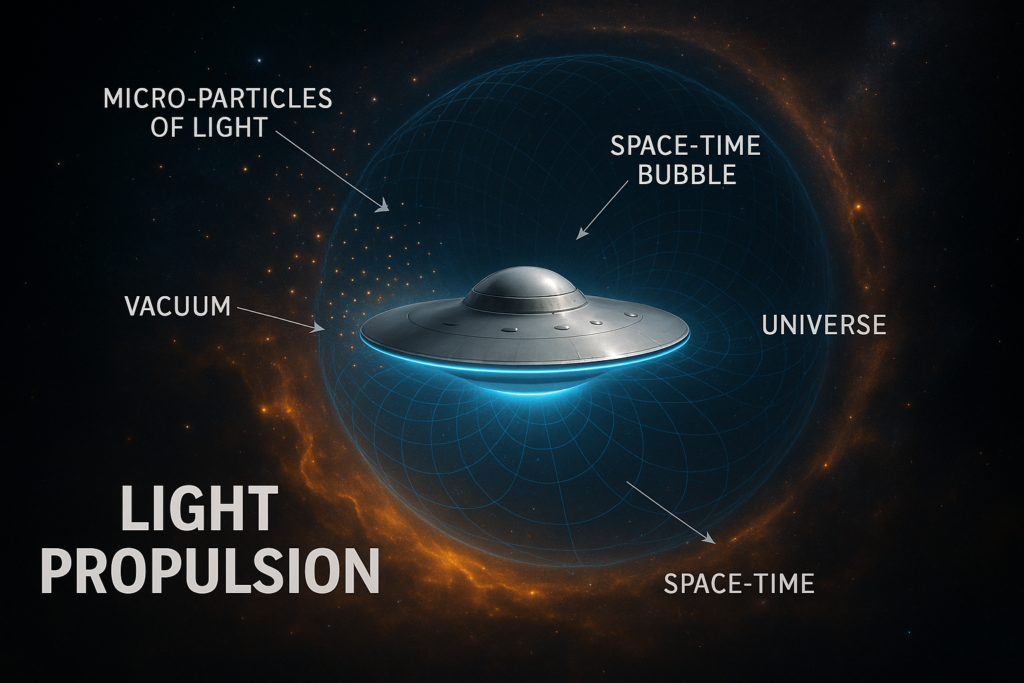 Image illustrative générée par IA représentant l’explication de Akon sur le vide autour du vaisseau de Méton créé par des micro-particules de lumière, permettant de lui créer une bulle propre d'espace-temps afin de se déplacer dans l'univers.