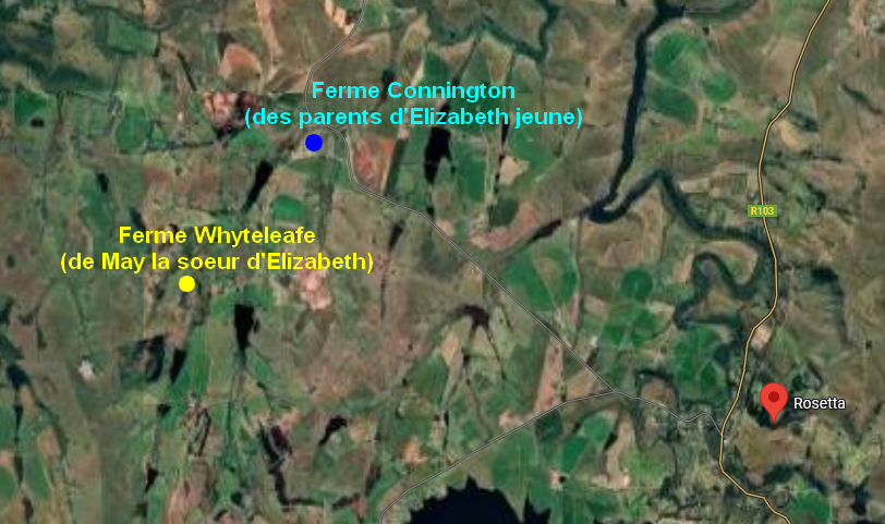 Emplacement de la ferme Whyteleafe de May et Jock, proche de l’ancienne ferme des parents d’Elizabeth des observations de sa jeunesse à Connington.