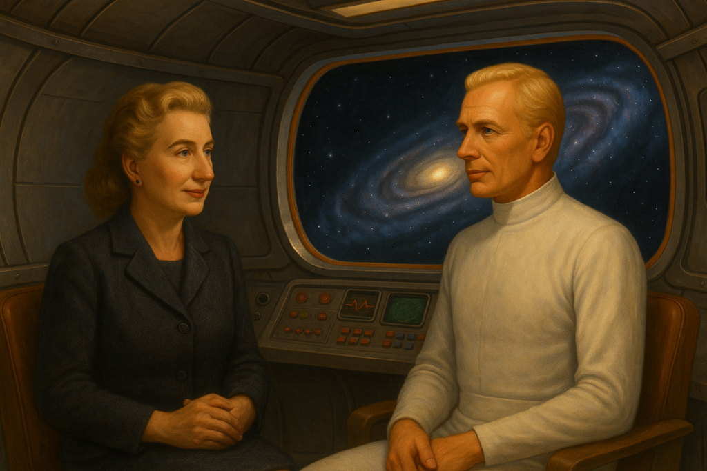 Image illustrative générée par IA représentant Elizabeth et Akon échangeant sur le fonctionnement du vaisseau de Méton et de leur technologie.