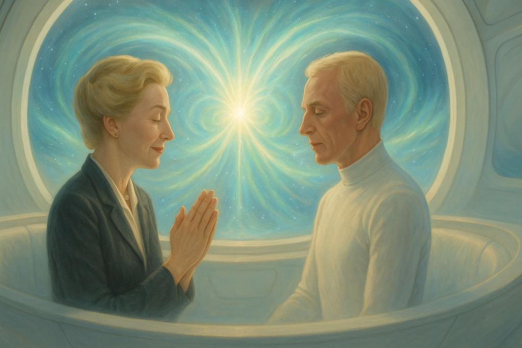 Image illustrative générée par IA où Akon parle du pouvoir de la lumière à Elizabeth et de l’action de l’âme en lien avec l’amour.
