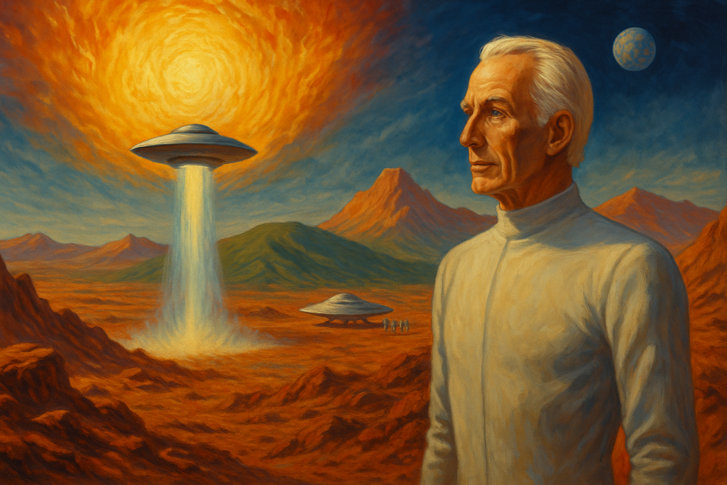 Image illustrative générée par IA représentant l’évacuation de Mars par le peuple d’Akon à cause du Soleil.