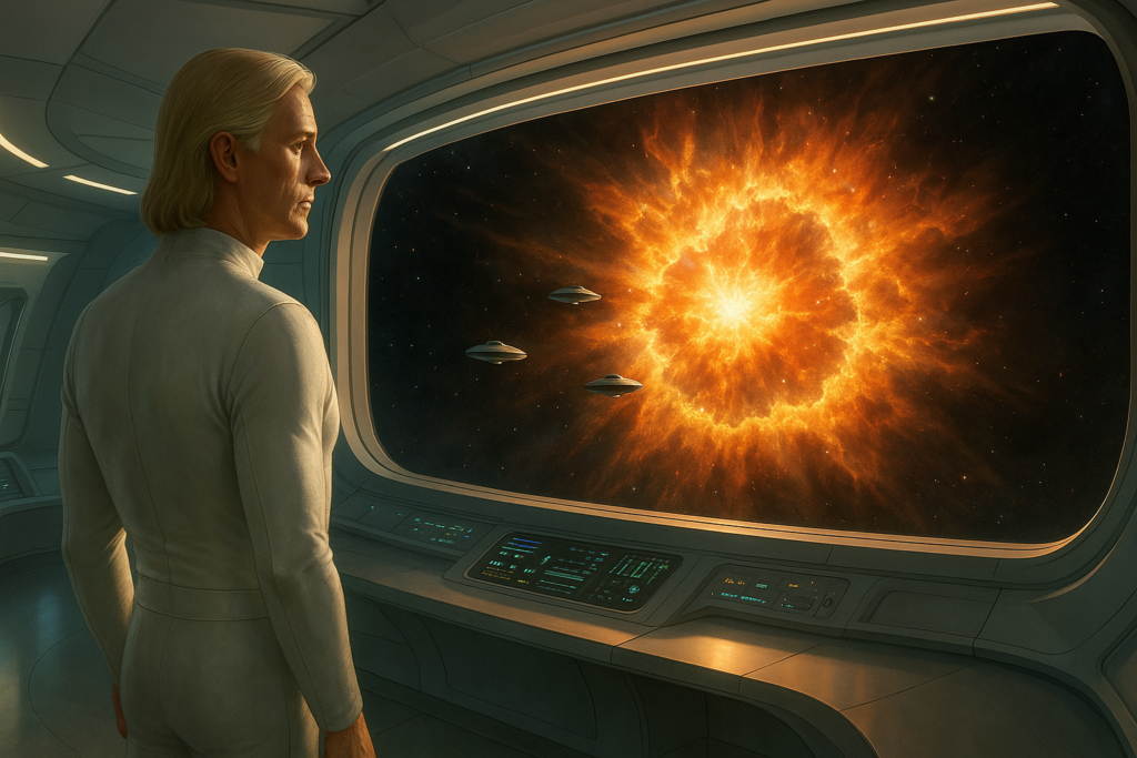 Image illustrative générée par IA représentant Akon, utilisant depuis son vaisseau ses disques sondes pour enregistrer la physique d’une supernova.