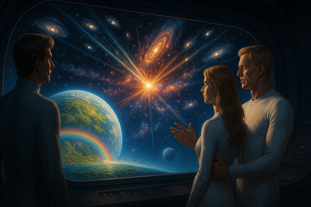 Image illustrative générée par IA du passé fertile de Vénus, de la Terre derrière, des galaxies en formation et autres enseignements donnés par le mirage électrique à Elizabeth.