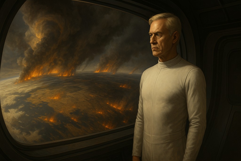 Image illustrative générée par IA montrant la dégradation de la Terre observée par Akon et les siens depuis leurs vaisseaux.