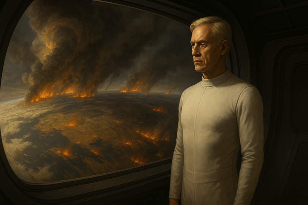 Image illustrative générée par IA montrant la dégradation de la Terre observée par Akon et les siens depuis leurs vaisseaux.