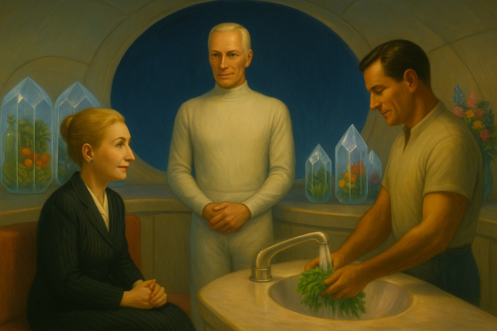 Image illustrative générée par IA représentant Elizabeth, Akon et Sharon dans le vaisseau de Méton, ce dernier lave des racines récoltées.