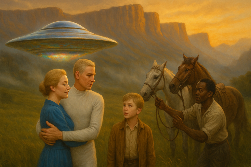 Image illustrative générée par IA représentant Elizabeth, David et le palefrenier zoulou lors de la sortie à cheval vers le lieu d’atterrissage de la veille, qui rencontrent Akon de Méton et son vaisseau.