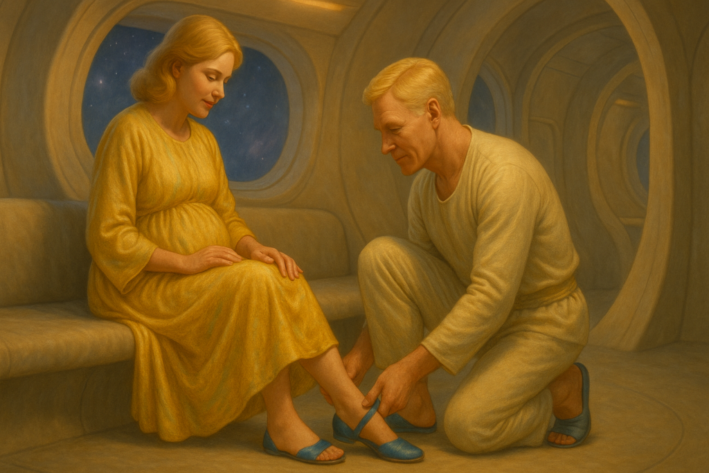 Image illustrative générée par IA représentant Akon donnant les chaussures bleues à Elizabeth, dans le vaisseau de Méton.