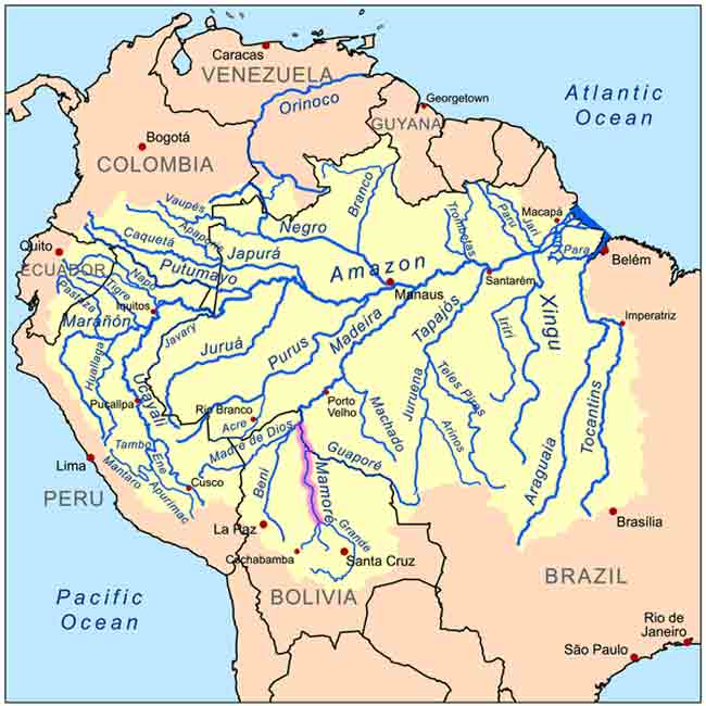 Carte de la Bolivie, et la rivière Mamore en violet dont parle Horst Fenner.