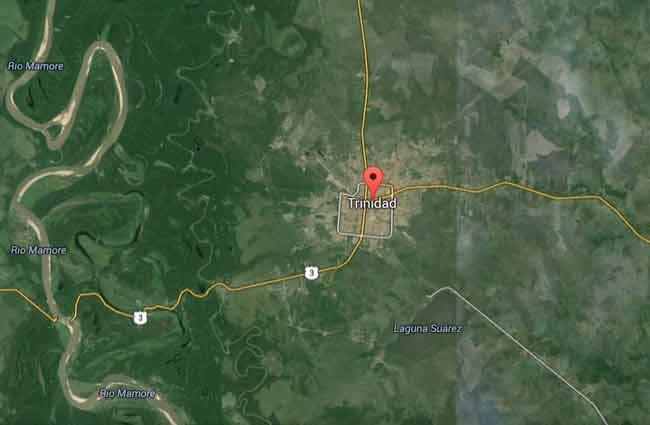 Emplacement sur carte de Trinidad, rivière Mamore à gauche.