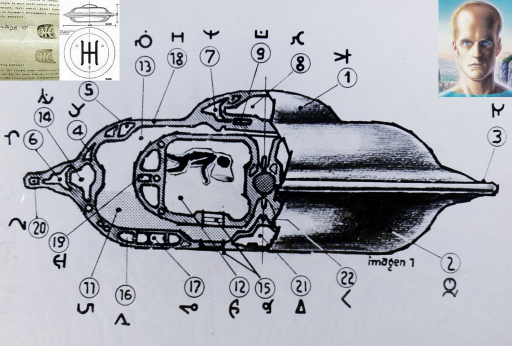 Vaisseau (nef) de Ummo en schéma en coupe, reproduit depuis un envoi par lettre par des êtres de Ummo via courier postal. Dessin représentatif d'un Ummite (ou Oummain comme ils préfèrent qu'on dise) en haut à droite. Logo de la civilisation de Ummo sous leur nef en haut à gauche.