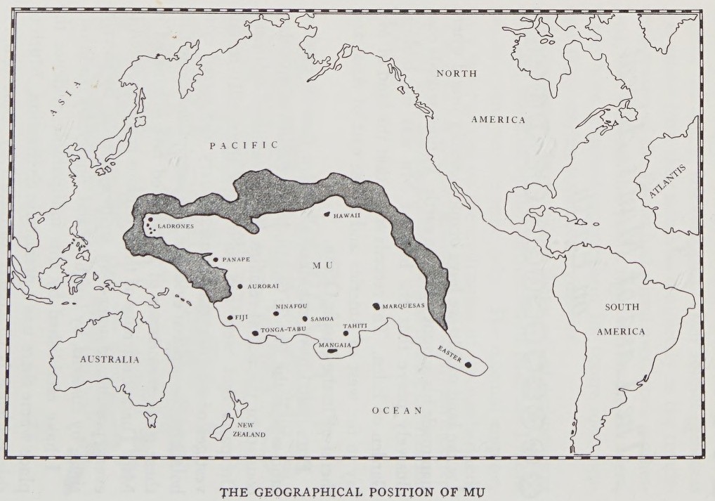 Emplacement présumé du continent-île de Mu, provenant d'autres sources (carte selon James Churchward, 1926). Selon James Churchward, Mu aurait existé dans l’océan Pacifique, s’étendant du nord des îles Hawaï jusqu’aux Fidji et à l’île de Pâques. Il aurait été le berceau de l’humanité, peuplé par 64 millions de Naacals, une civilisation avancée technologiquement et spirituellement, qui aurait atteint son apogée il y a 50 000 ans. Churchward affirme avoir appris l’existence de Mu grâce à un prêtre indien qui lui aurait montré des tablettes sacrées rédigées dans la langue morte des Naacals qui lui a été appris à lire, connue seulement de trois personnes à son époque. Il soutient que les grandes civilisations de l’Antiquité – indienne, égyptienne, maya, babylonienne et perse – seraient les héritières de colonies issues de Mu.