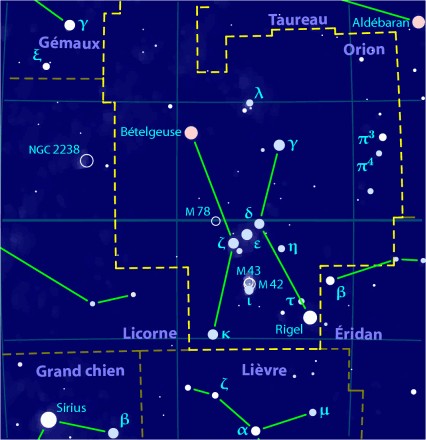 Carte stellaire simplifiée de la constellation d'Orion.