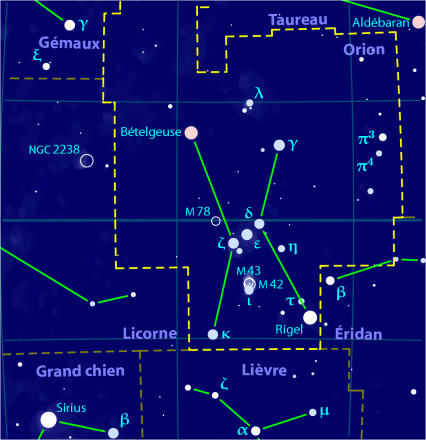 Carte stellaire simplifiée de la constellation d'Orion.