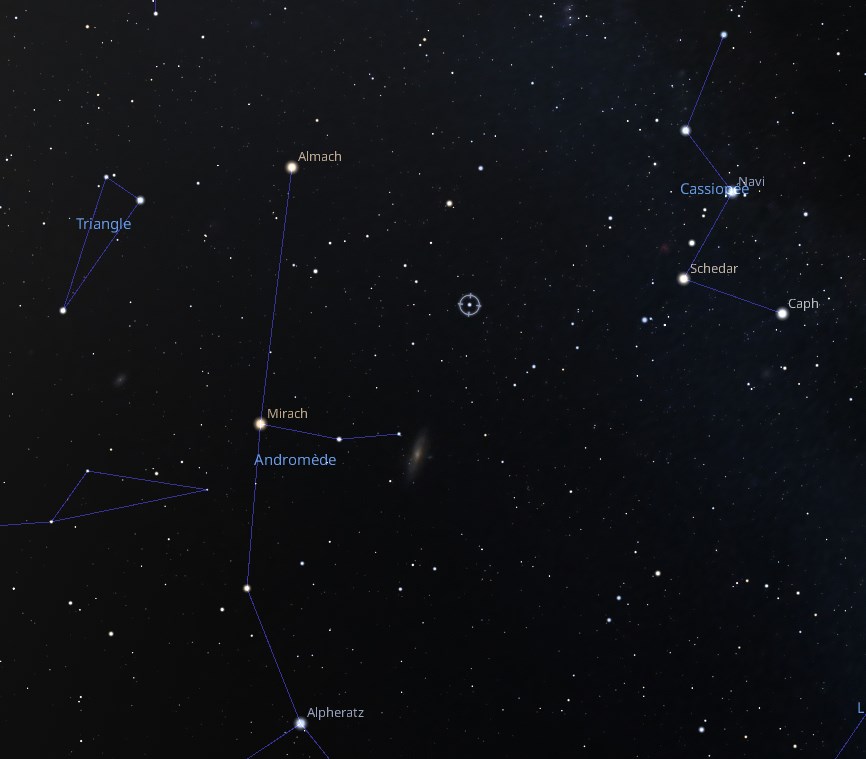 Autre carte stellaire. Zenetae, étoile binaire d'où viennent les "Andromédiens" en contact avec Alex collier, dans la constellation d'Andromède.