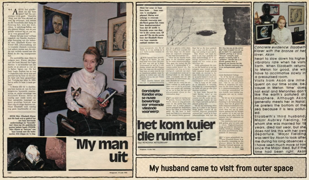 Article de la journaliste Petrovna Metelerkamp sur Elizabeth Klarer.