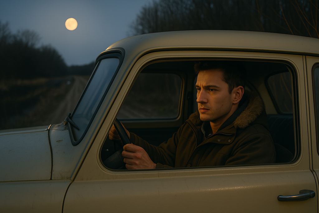 Illustration générée par IA, Lloyd Zirbes dans sa voiture, la nuit de son premier contact avec les extraterrestres d'Alcyone dans les Pléiades.