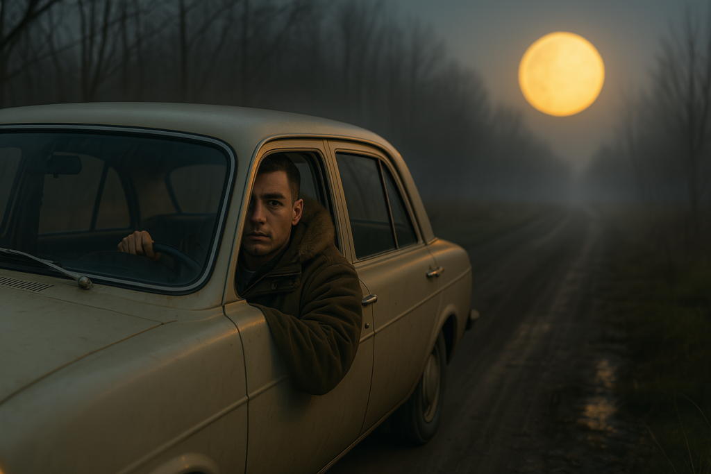 Illustration générée par IA, Lloyd Zirbes dans sa voiture, la position de la Lune n'est pas correcte dans le ciel et cela l'étonne.