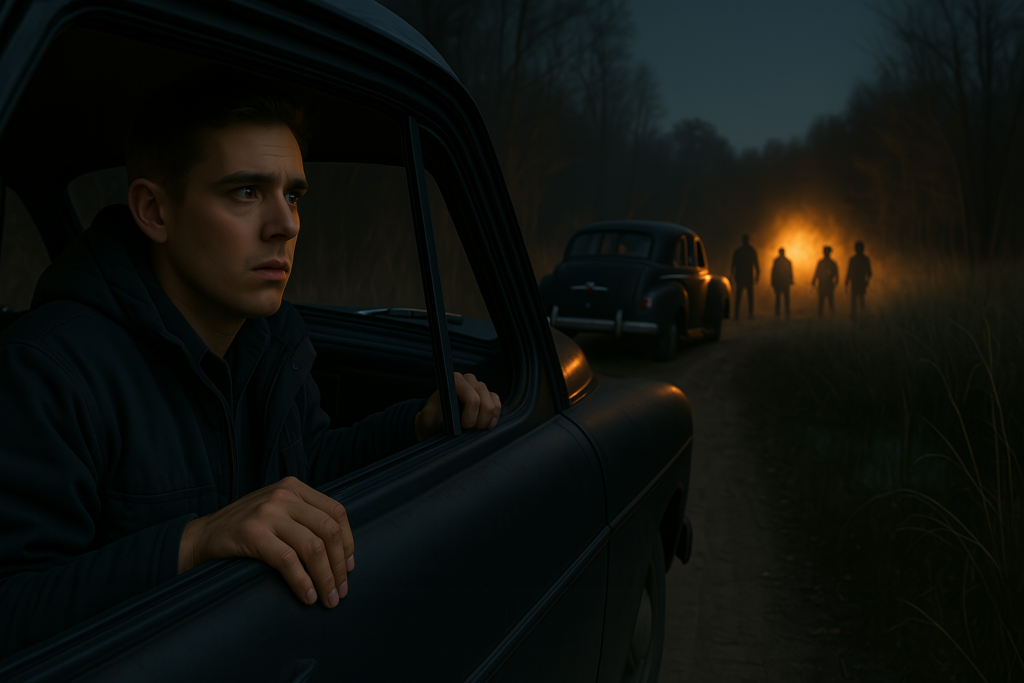 Illustration générée par IA, Lloyd Zirbes voit que ce qu'il prenait pour un feu est une lumière vive et il voit des silhouettes entre cette lumière et une voiture garée.