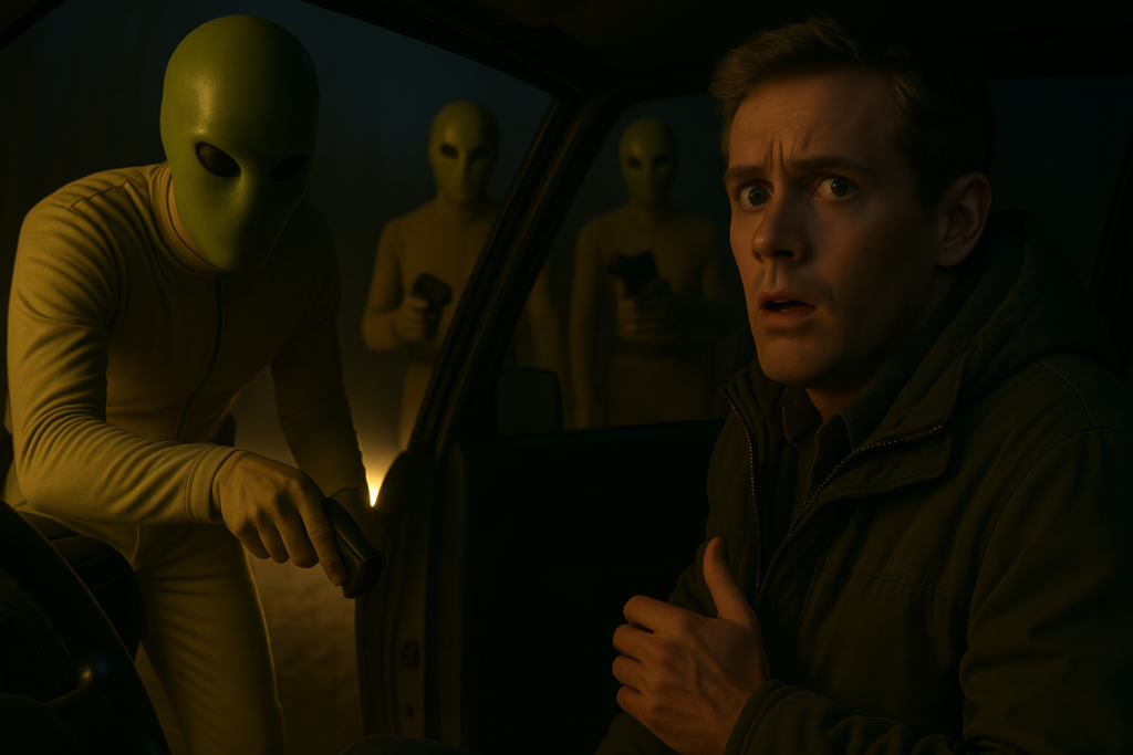 Illustration générée par IA, Lloyd Zirbes a été visé par un des extraterrestres Pléiadiens d'Alcyone avec un instrument qui l'a engourdi, et viens lui parler pour le rassurer : ils ne vont pas lui faire de mal.