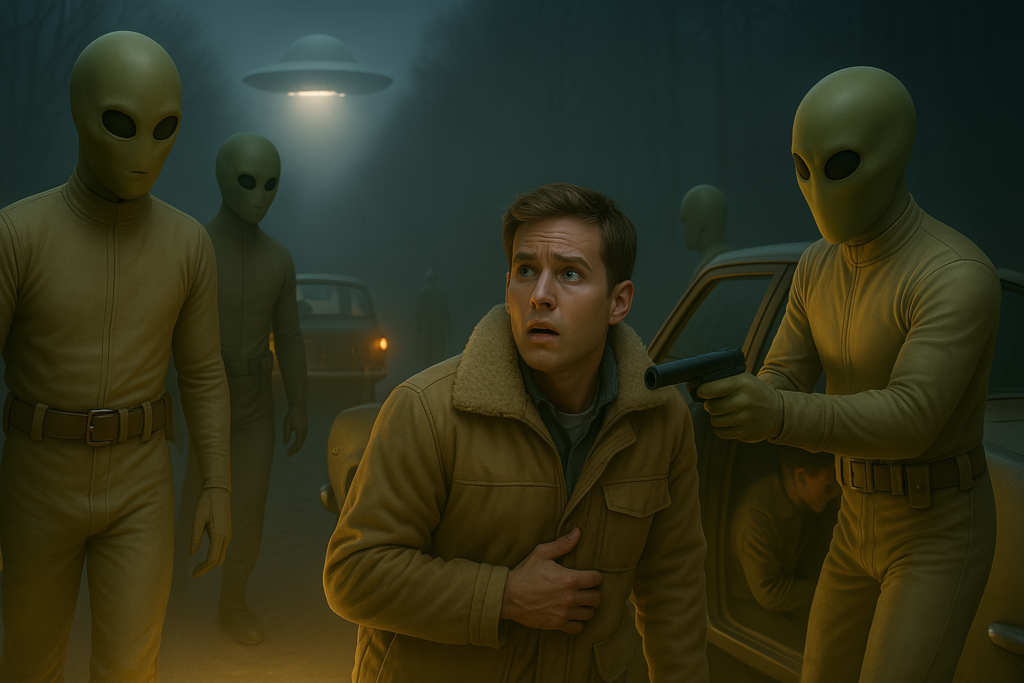 Illustration générée par IA, Lloyd Zirbes est emmené par les extraterrestres Pléiadiens d'Alcyone hors de la voiture, et il voit un engin voilant derrière lui, près de la voiture.