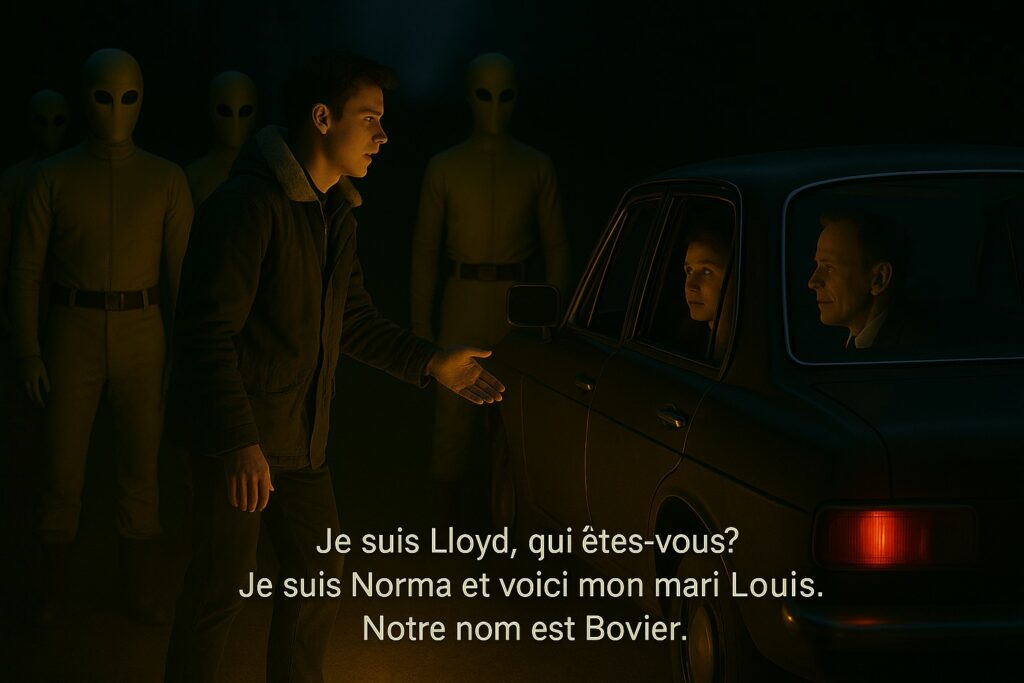 Illustration générée par IA, Lloyd Zirbes discute avec Norma, une femme dans une voiture avec son mari, piégés eux aussi par les êtres extraterrestres Pléiadiens d'Alcyone.