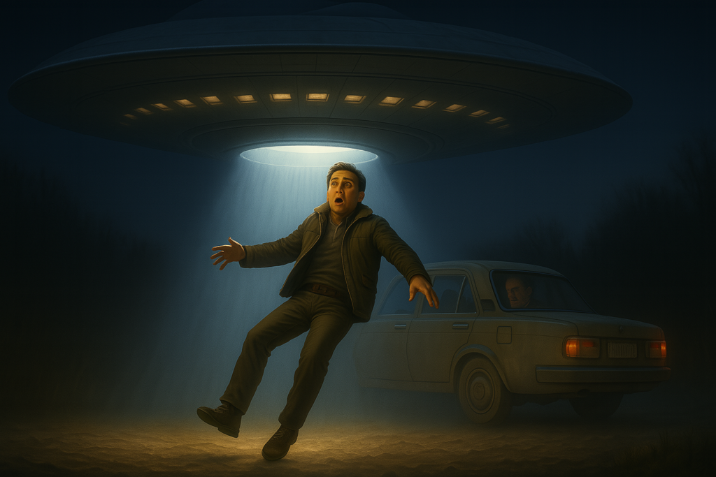 Illustration générée par IA, Lloyd Zirbes entre dans le vaisseau spatial des extraterrestres Pléiadiens d'Alcyone, avec eux.