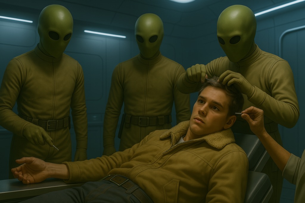 Illustration générée par IA, Lloyd Zirbes subit des prélèvements par les extraterrestres Pléiadiens d'Alcyone dans le vaisseau, allongé sur une table d'examen médical.