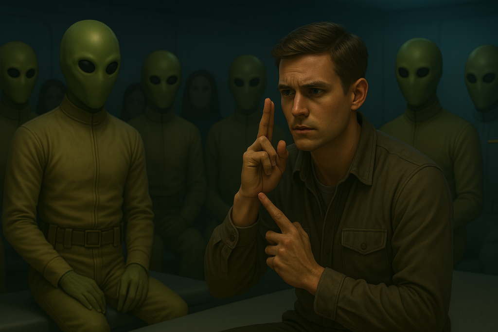 Illustration générée par IA, Lloyd Zirbes fait un signe de croix pour appeler Dieu à repousser ces extraterrestres Pléiadiens d'Alycyone qui sont pour lui mauvais.