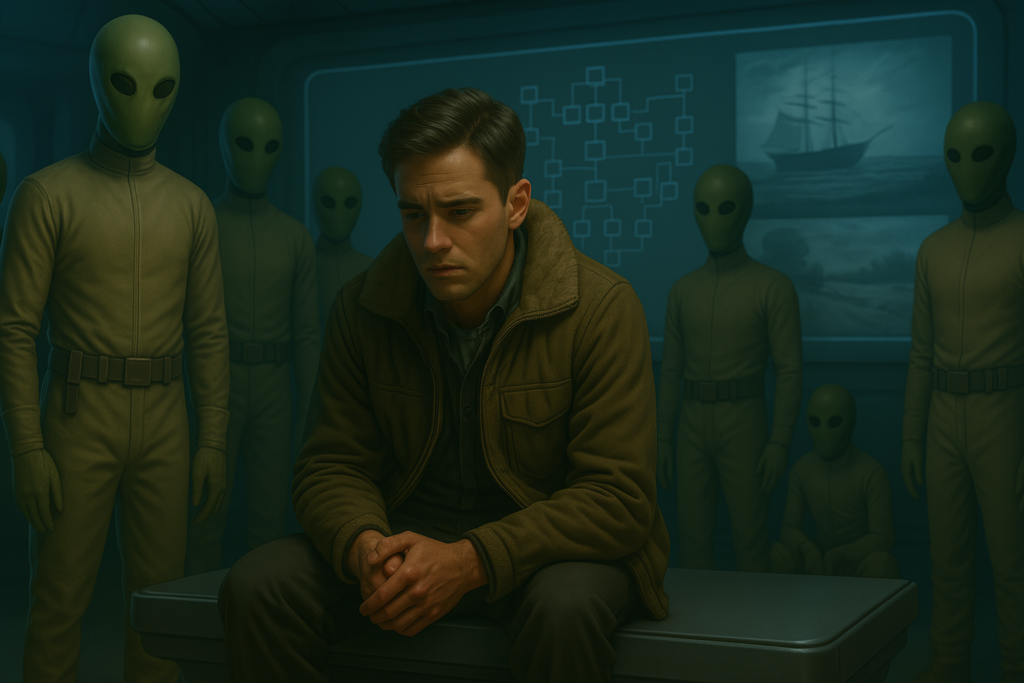 Illustration générée par IA, Lloyd Zirbes voit des images provenant de son passé sur un écran géant, les informations sont lues en lui par la technologie des extraterrestres Pléiadiens d'Alcyone.
