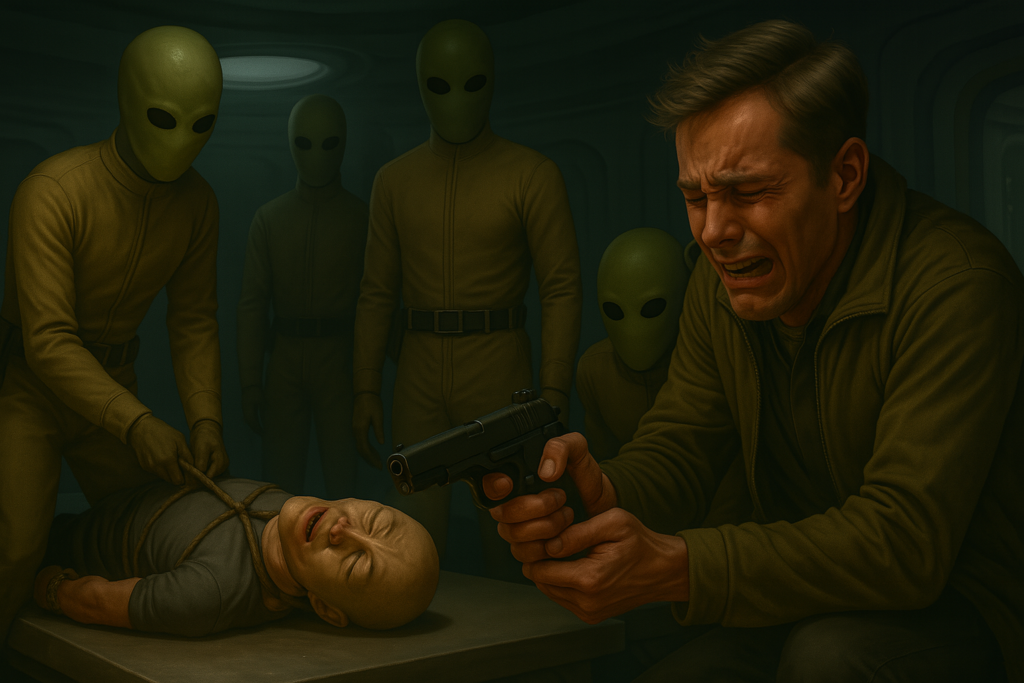 Illustration générée par IA, les extraterrestres Pléiadiens d'Alcyone demandent à Lloyd Zirbes de tuer une personne qu'ils ont ligoté et qui est selon eux un criminel galactique qu'ils n'ont pas le droit de tuer eux-même. C'est un test psychologique cruel pour voir ce qu'il fera sous un ordre fort car ils lui disent qu'ils le tueront si il refuse d'obéir.