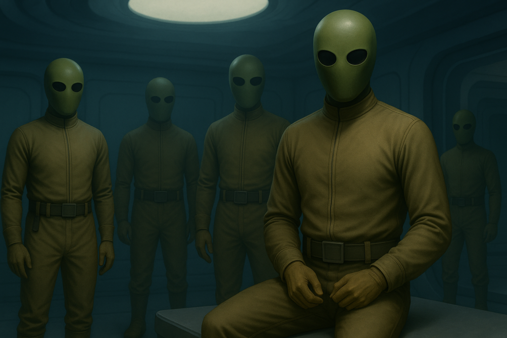Illustration générée par IA, apparence des extraterrestres Pléiadiens d'Alcyone qui masquaient leur visage avec un masque facial vert car leur apparence aurait terrorisé Lloyd Zirbes selon leurs dires.