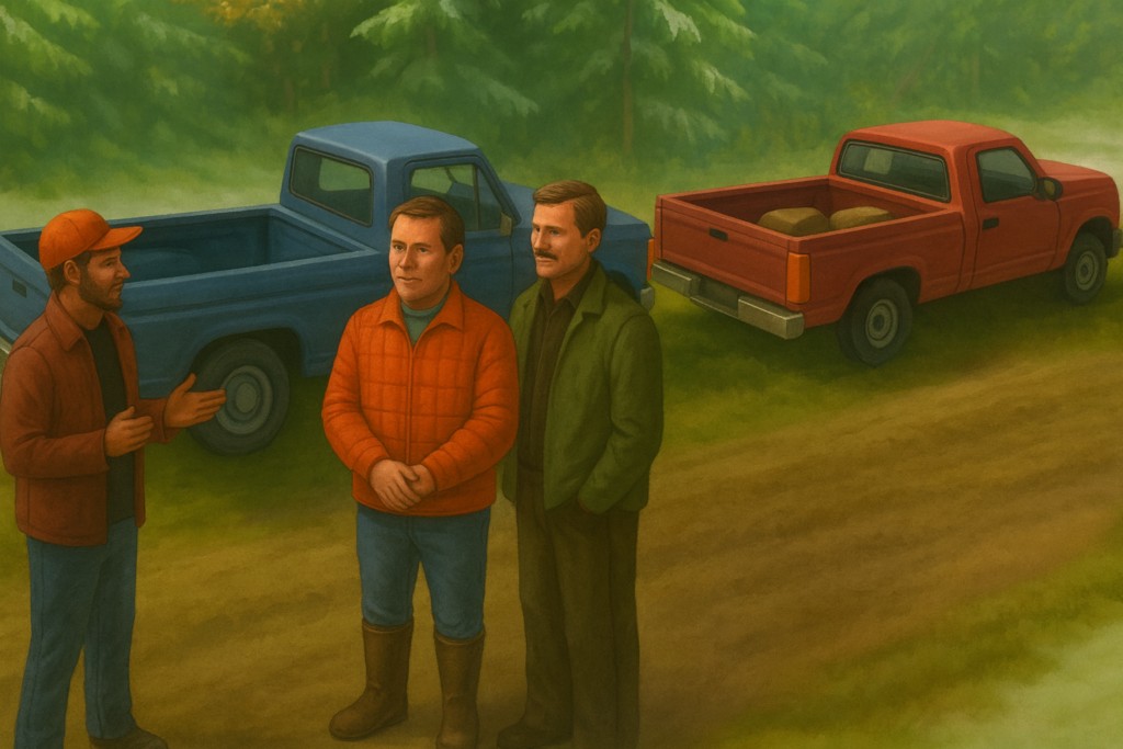 Carl Higdon discutant avec d’autres chasseurs rencontrés alors qu’il allait vers le Canyon McCarthy. Image fictive générée par IA selon description de la scène et basée sur un dessin tiers comme modèle.