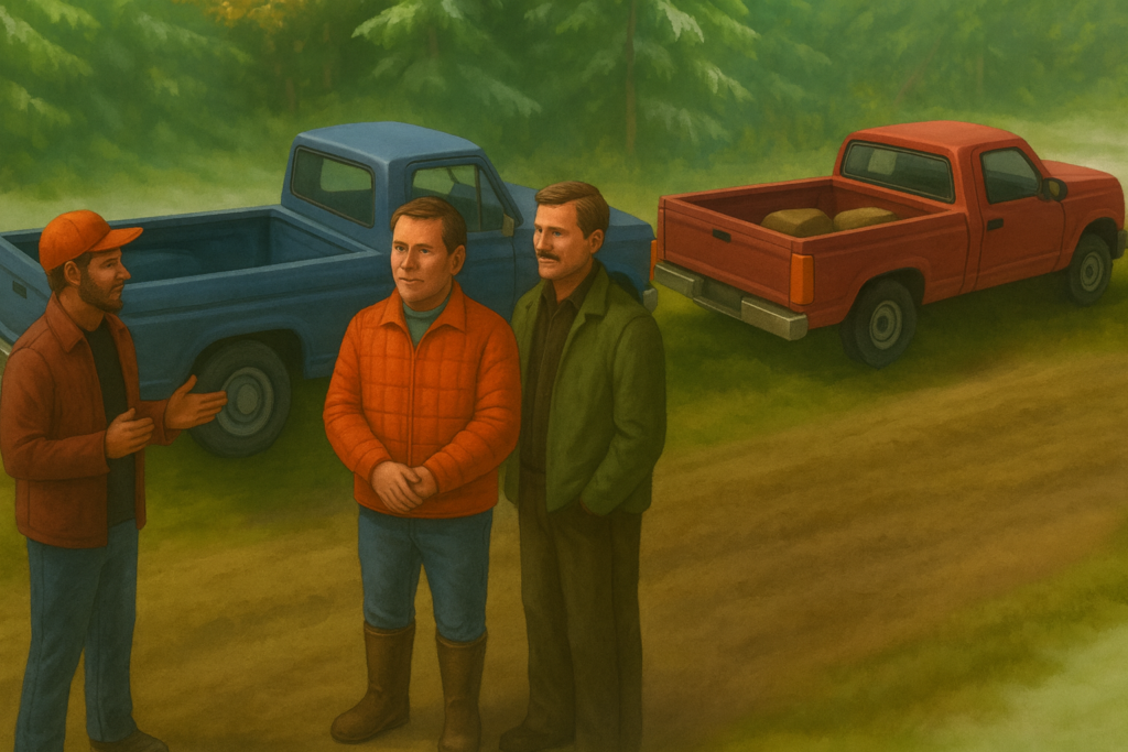 Carl Higdon discutant avec d’autres chasseurs rencontrés alors qu’il allait vers le Canyon McCarthy.
Image fictive générée par IA selon description de la scène et basée sur un dessin tiers comme modèle.