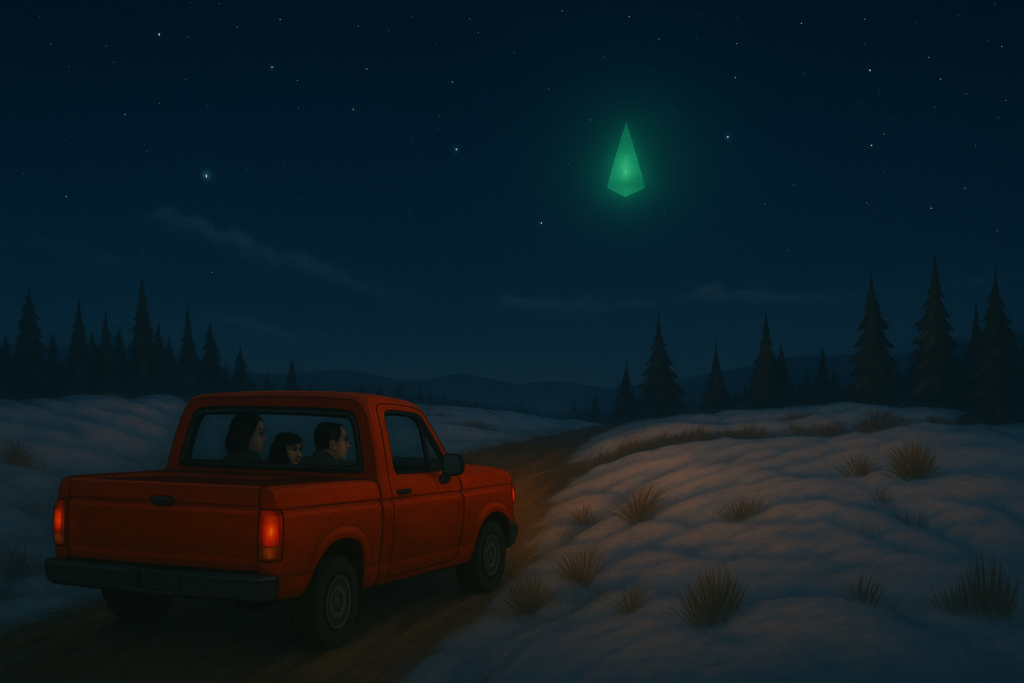 Carl Higdon et sa famille dans leur voiture de nuit, au point de rendez-vous que Carl avait reçu de manière télépathique pour un contact, mais ils sont arrivés trop tard. Ils ont observé un engin lumineux en forme de cône vert dans le ciel.
Image fictive générée par IA selon description de la scène et basée sur un dessin tiers comme modèle.