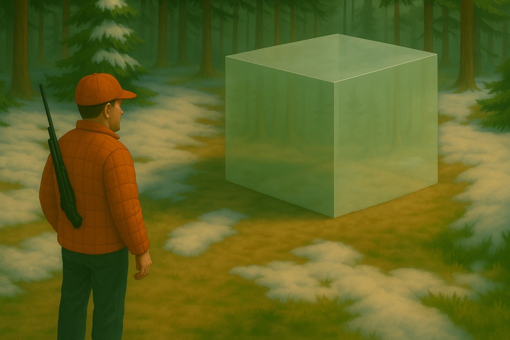 Carl Higdon voit le cube de verre désigné par l’être bizarre flottant en combinaison noire. Image fictive générée par IA selon description de la scène et basée sur un dessin tiers comme modèle.