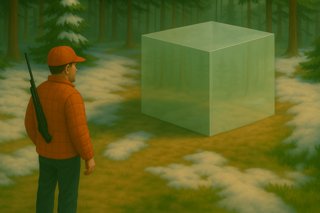 Carl Higdon voit le cube de verre désigné par l’être bizarre flottant en combinaison noire.
Image fictive générée par IA selon description de la scène et basée sur un dessin tiers comme modèle.