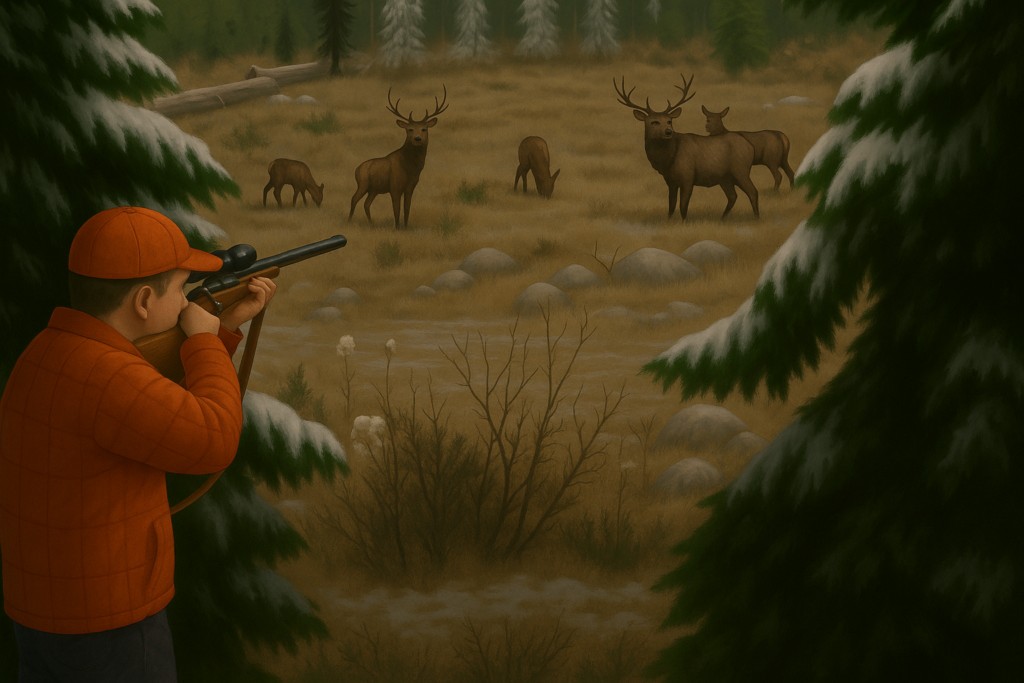 Carl Higdon vise avec son fusil un des 5 élans, dans la forêt. Image fictive générée par IA selon description de la scène et basée sur un dessin tiers comme modèle.