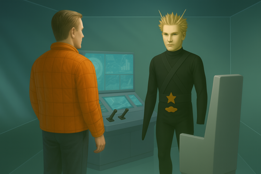 Carl Higdon avec Ausso One dans le vaisseau cube où il a été ramené pour son retour.
Image fictive générée par IA selon description de la scène et basée sur un dessin tiers comme modèle.