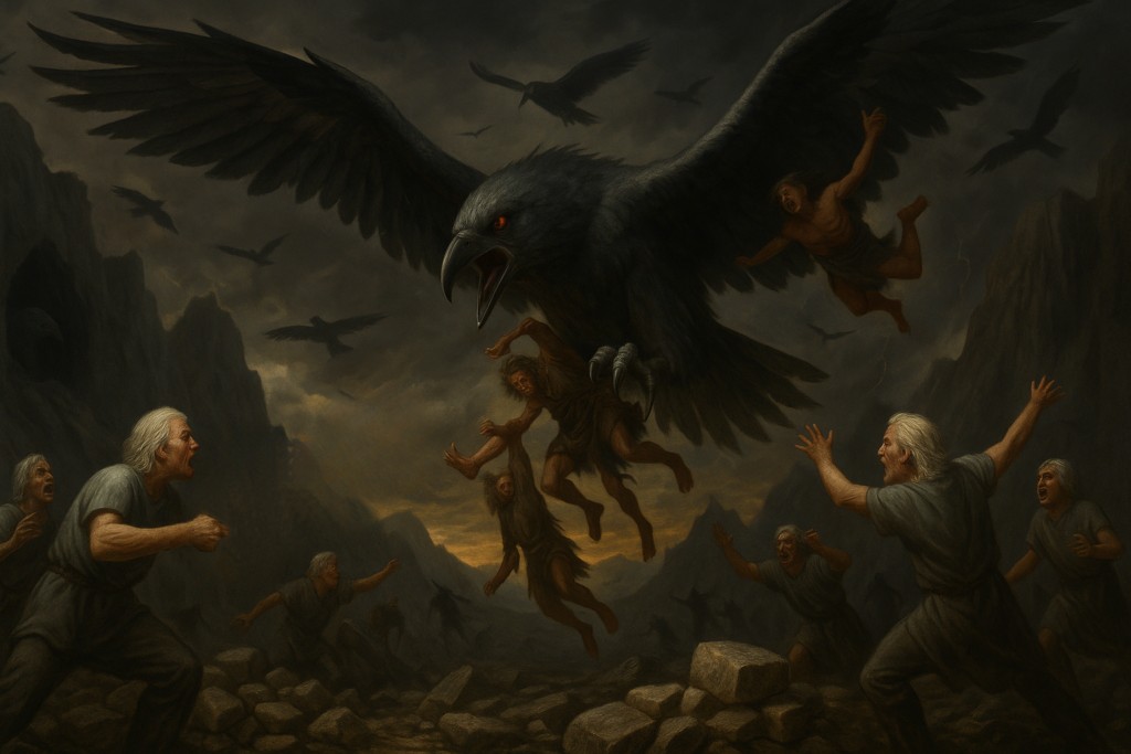 Image illustrative générée par IA : les oiseaux géants dévastateurs de Mu, abbération génétique produite par les Elohim.