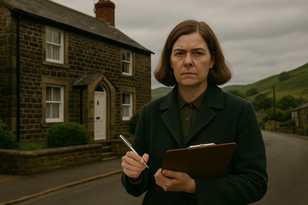 Image illustrative générée par IA : Joelle fait du porte à porte pour des sondages commerciaux dans le nord de l'Angleterre.