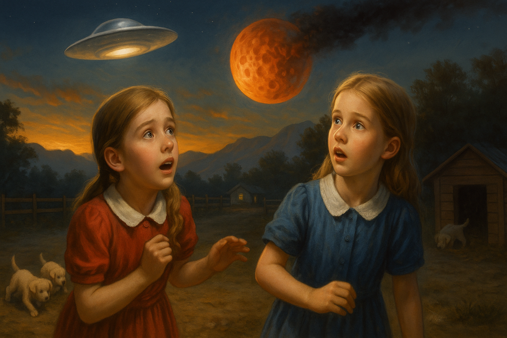 Image illustrative générée par IA : Elizabeth et sa soeur observent la façon dont un disque volant argenté a dévié un astéroïde qui allait tomber dans leur région et l'a renvoyé vers une sorte d'atmosphère.