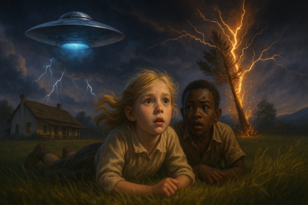 Image illustrative générée par IA : Elizabeth observe la façon dont un disque volant est venu sauver Elizabeth et ses parents d'une tornade destructrice, la protégeant une nouvelle fois. Elle est accompagnée d'un ami zoulou dans cette observation.